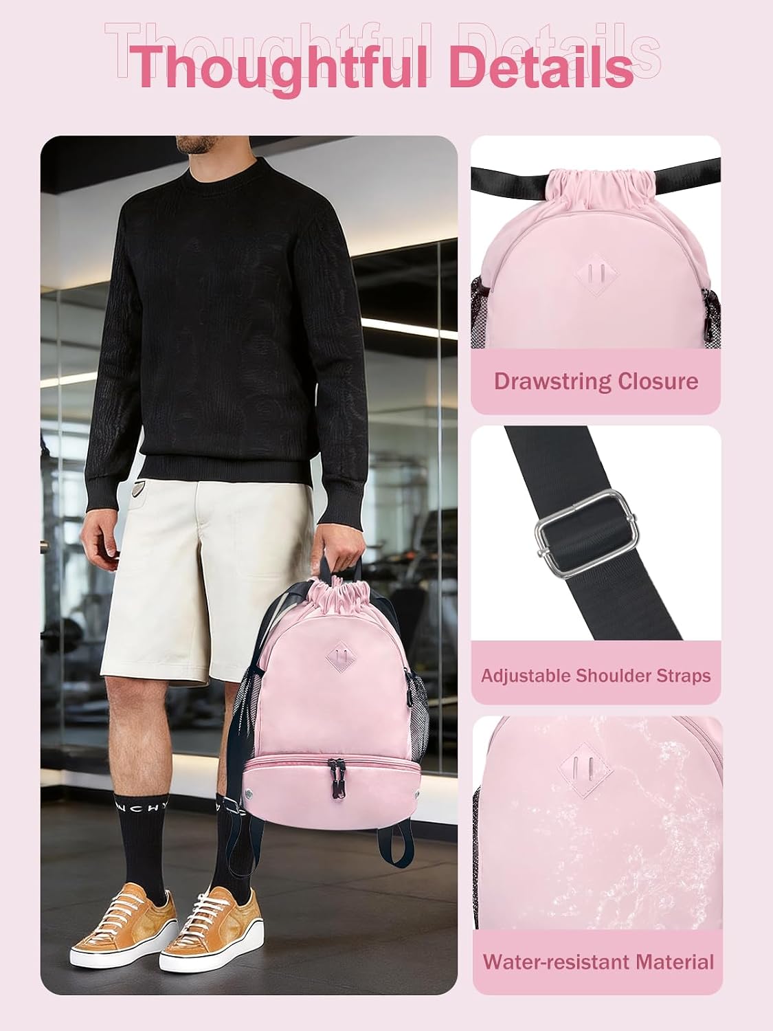 Drawstring Backpack with Shoe Compartment and Wet Pocket, Large Pink