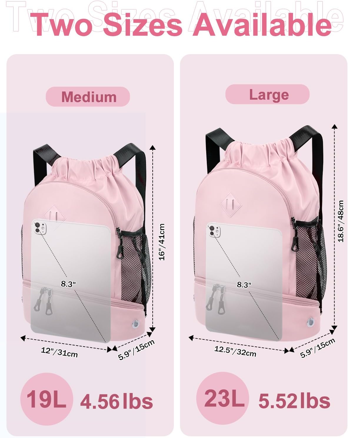 Drawstring Backpack with Shoe Compartment and Wet Pocket, Large Pink