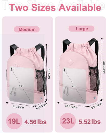 Drawstring Backpack with Shoe Compartment and Wet Pocket, Large Pink