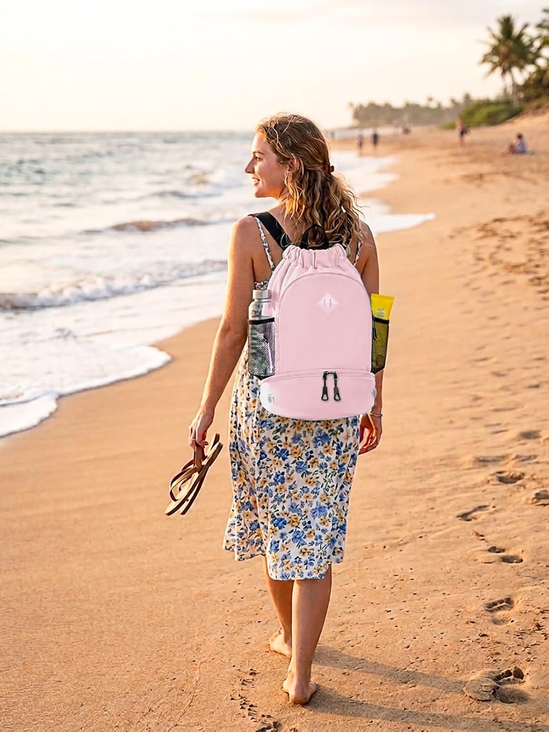 Drawstring Backpack with Shoe Compartment and Wet Pocket, Large Pink