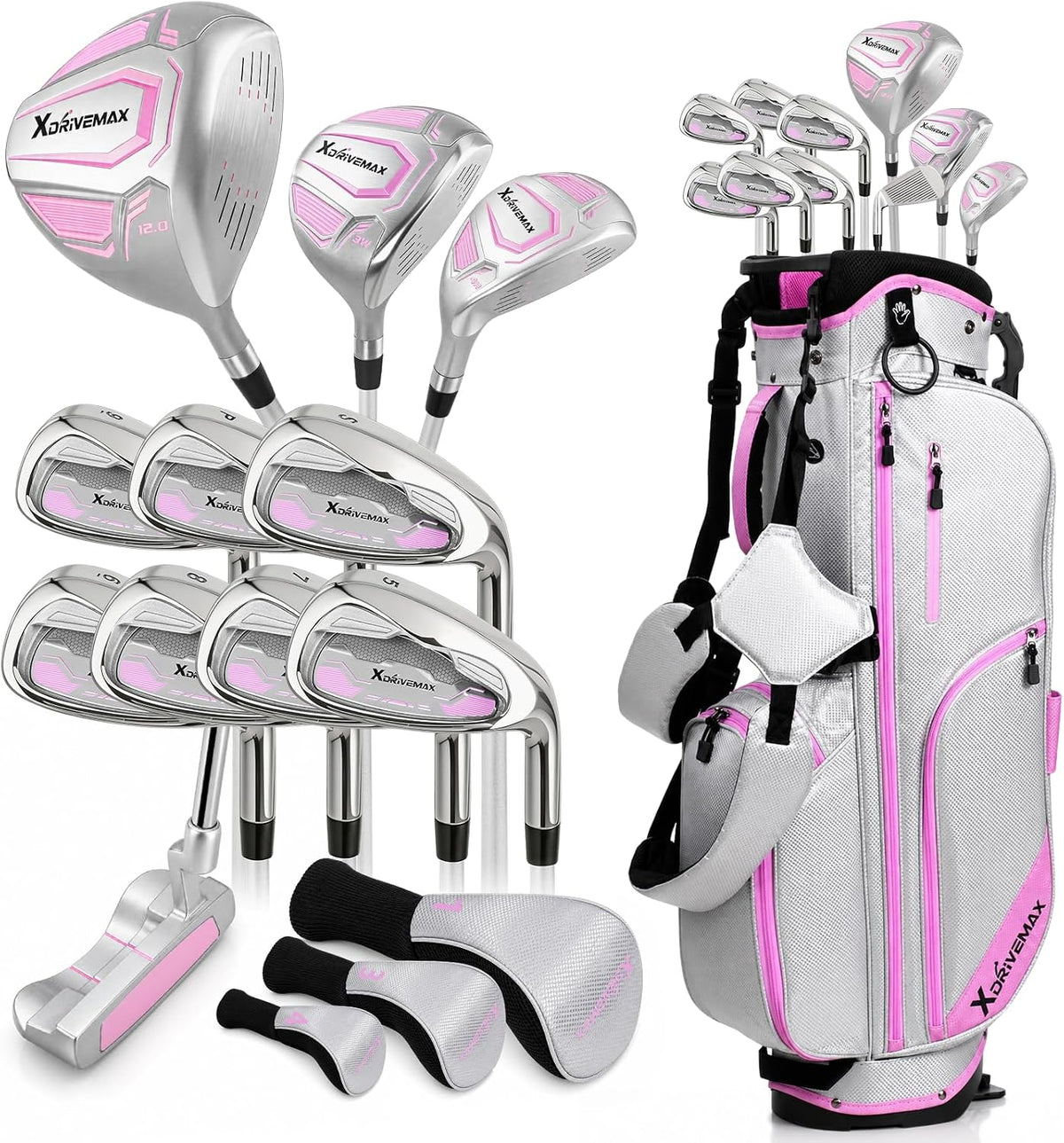 Men's & Women's Complete Golf Clubs Set (11-Piece Package), Lightweight Graphite/Steel Shafts, 460cc Driver, 3 Wood, Hybrid, 5-9 Iron+PW+SW, Blade Putter, Deluxe Stand Bag (Right/Left Hand)
