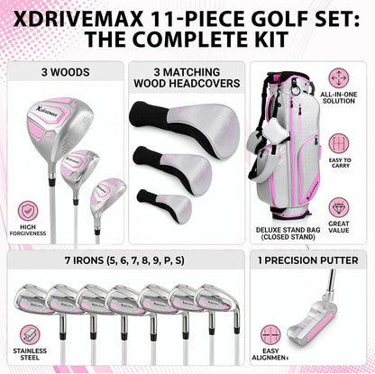 Men's & Women's Complete Golf Clubs Set (11-Piece Package), Lightweight Graphite/Steel Shafts, 460cc Driver, 3 Wood, Hybrid, 5-9 Iron+PW+SW, Blade Putter, Deluxe Stand Bag (Right/Left Hand)