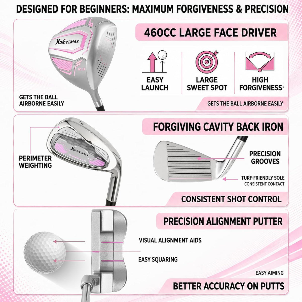 Men's & Women's Complete Golf Clubs Set (11-Piece Package), Lightweight Graphite/Steel Shafts, 460cc Driver, 3 Wood, Hybrid, 5-9 Iron+PW+SW, Blade Putter, Deluxe Stand Bag (Right/Left Hand)