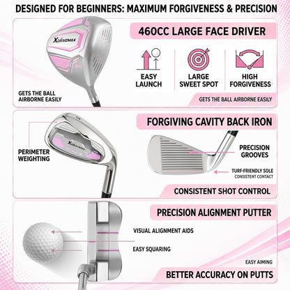 Men's & Women's Complete Golf Clubs Set (11-Piece Package), Lightweight Graphite/Steel Shafts, 460cc Driver, 3 Wood, Hybrid, 5-9 Iron+PW+SW, Blade Putter, Deluxe Stand Bag (Right/Left Hand)