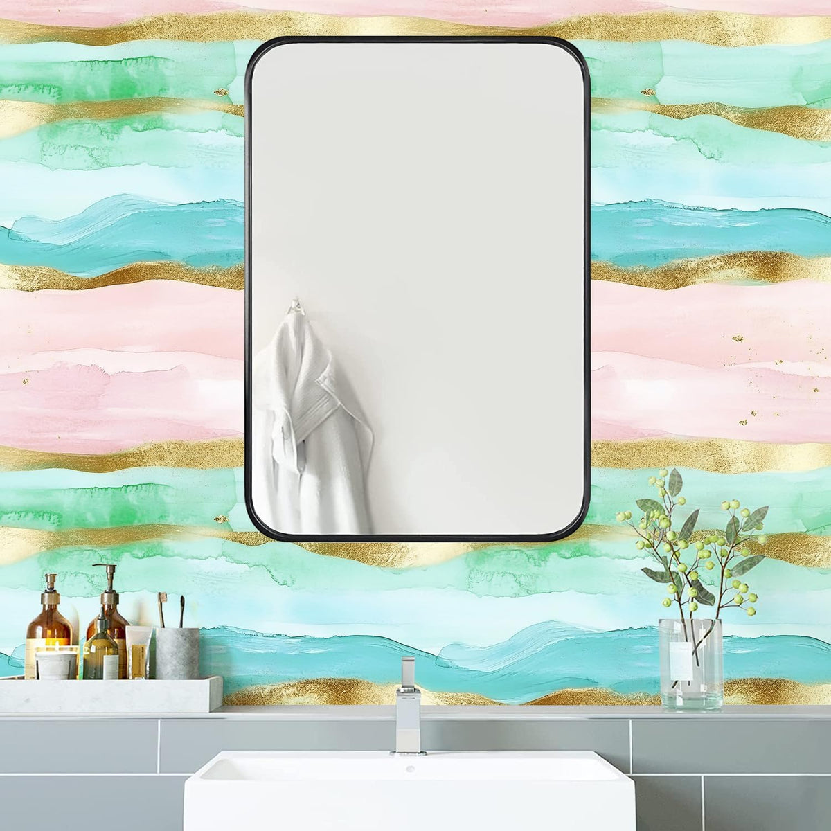Coastal Wallpaper Peel and Stick Beach Wave Striped Pink Blue Gold