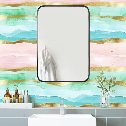 Coastal Wallpaper Peel and Stick Beach Wave Striped Pink Blue Gold