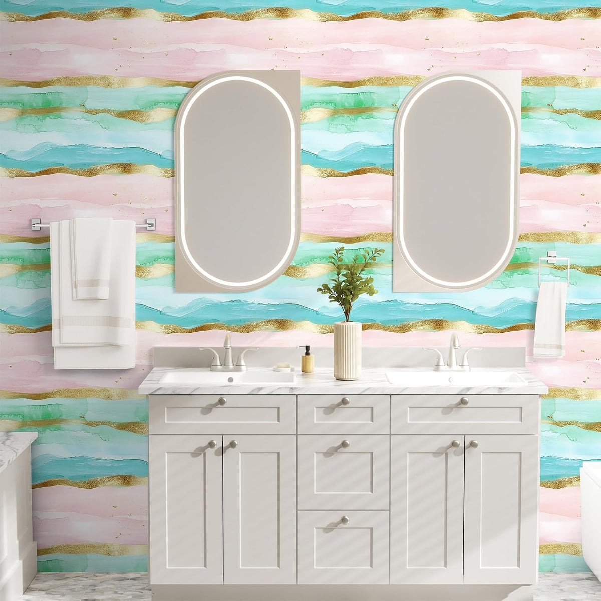 Coastal Wallpaper Peel and Stick Beach Wave Striped Pink Blue Gold