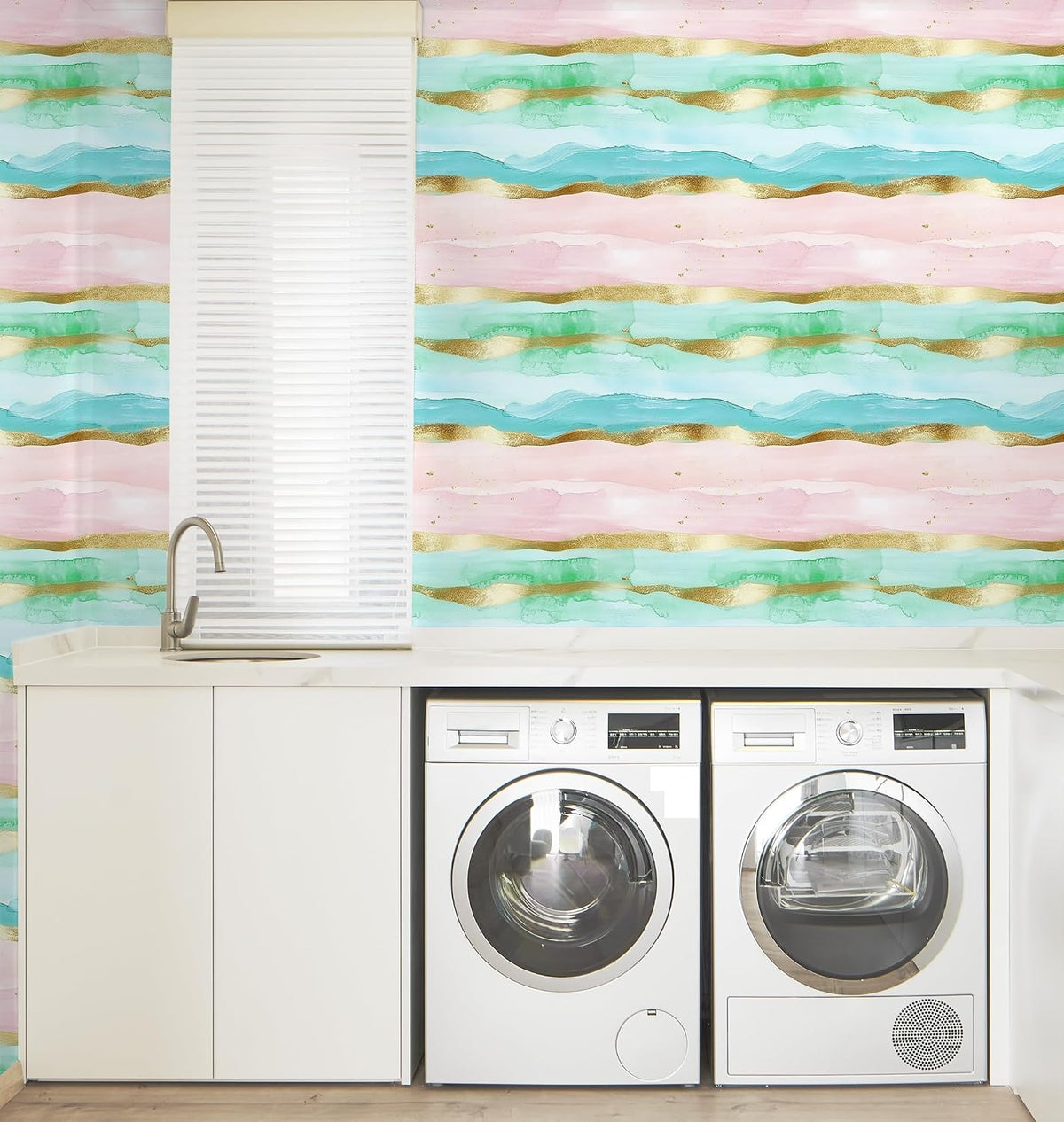Coastal Wallpaper Peel and Stick Beach Wave Striped Pink Blue Gold
