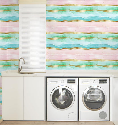 Coastal Wallpaper Peel and Stick Beach Wave Striped Pink Blue Gold