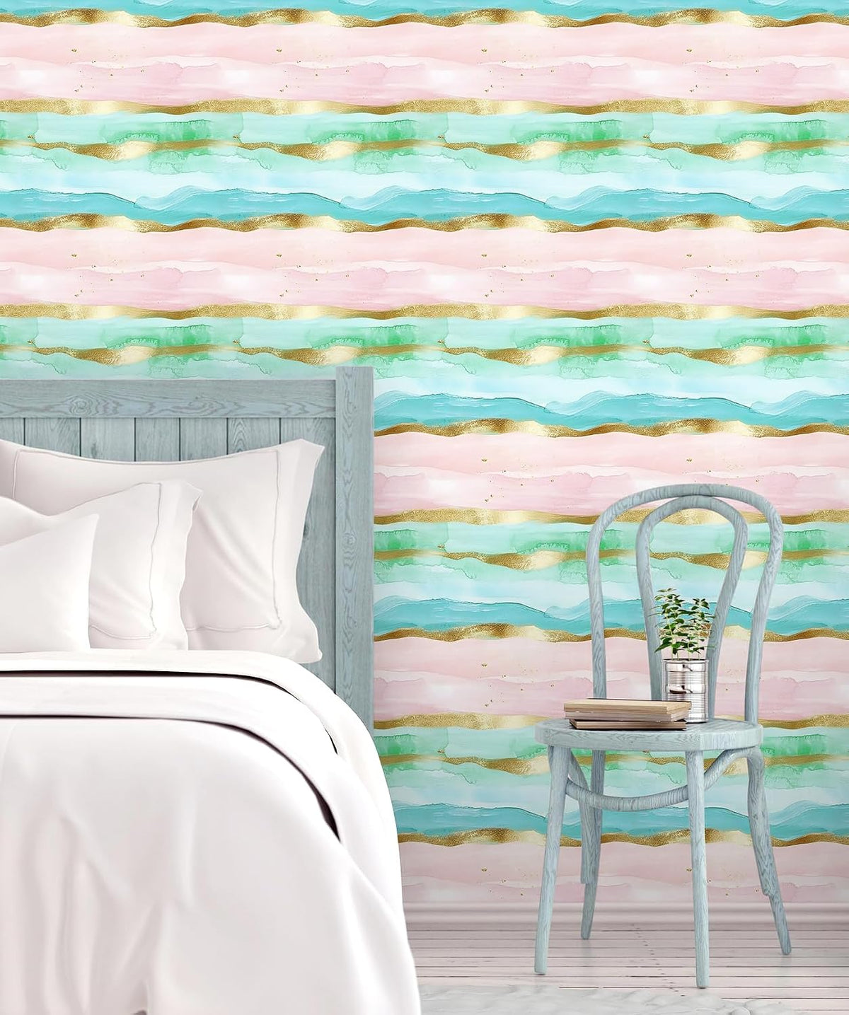 Coastal Wallpaper Peel and Stick Beach Wave Striped Pink Blue Gold