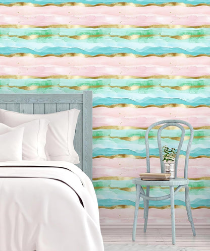 Coastal Wallpaper Peel and Stick Beach Wave Striped Pink Blue Gold