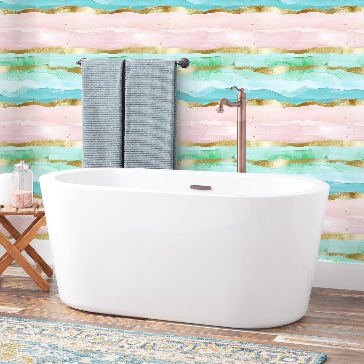 Coastal Wallpaper Peel and Stick Beach Wave Striped Pink Blue Gold