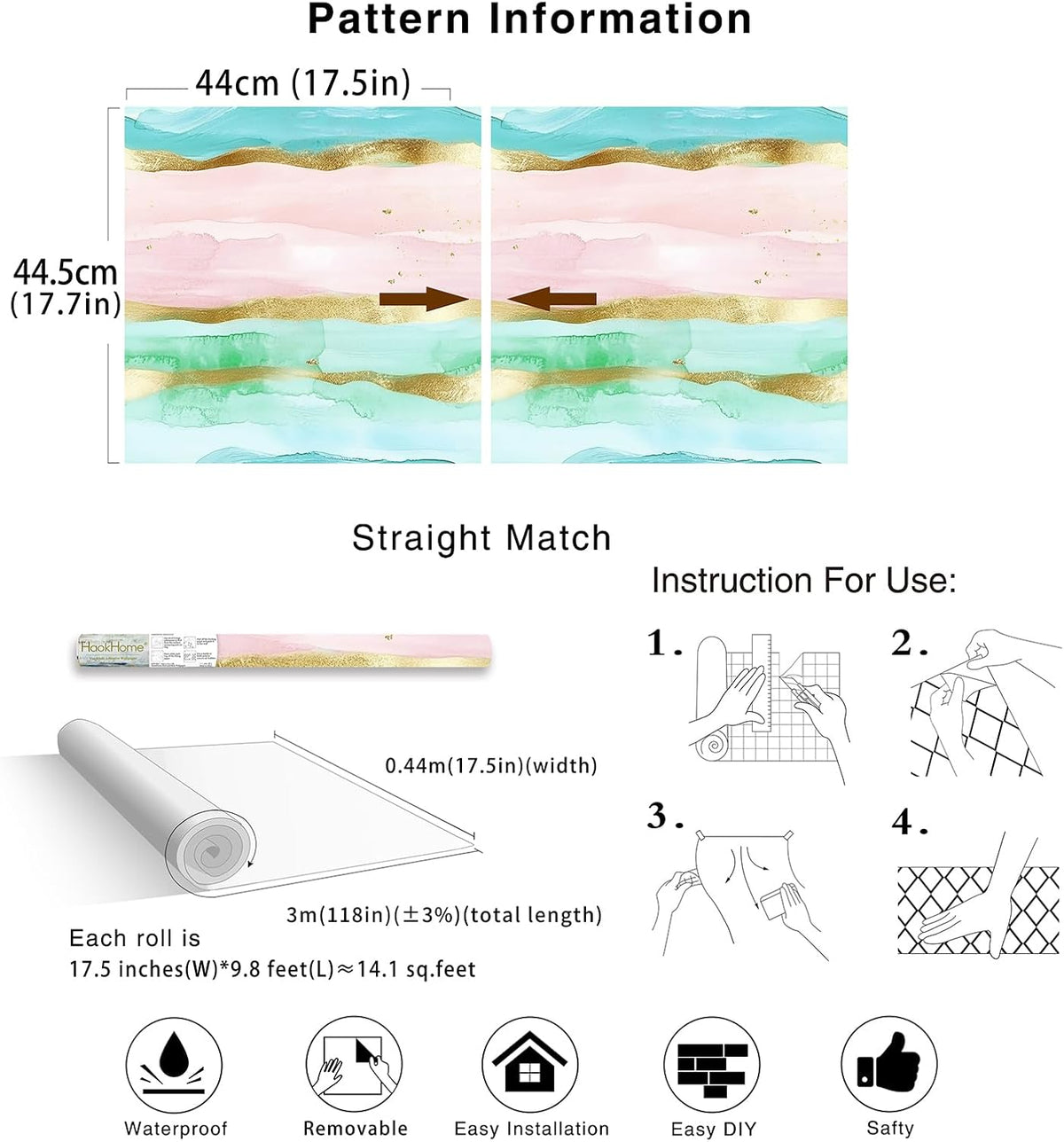 Coastal Wallpaper Peel and Stick Beach Wave Striped Pink Blue Gold