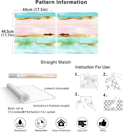 Coastal Wallpaper Peel and Stick Beach Wave Striped Pink Blue Gold
