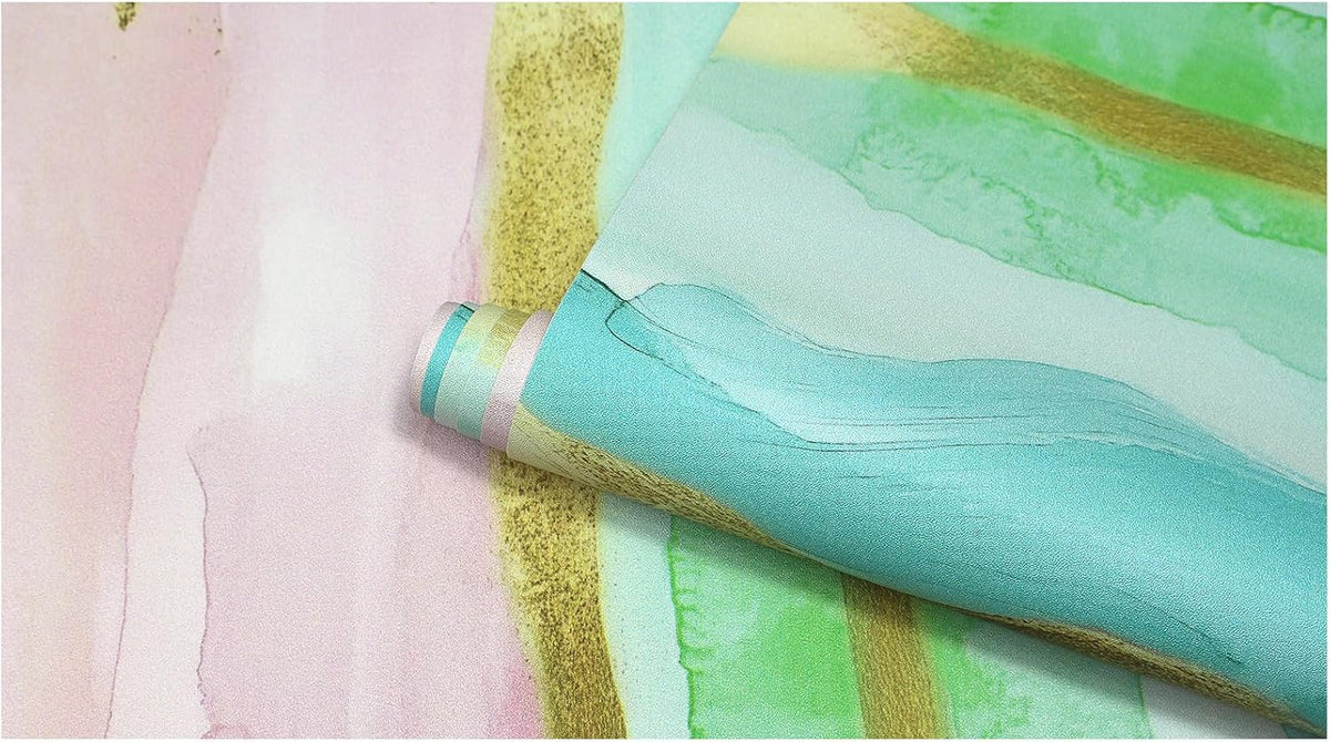 Coastal Wallpaper Peel and Stick Beach Wave Striped Pink Blue Gold