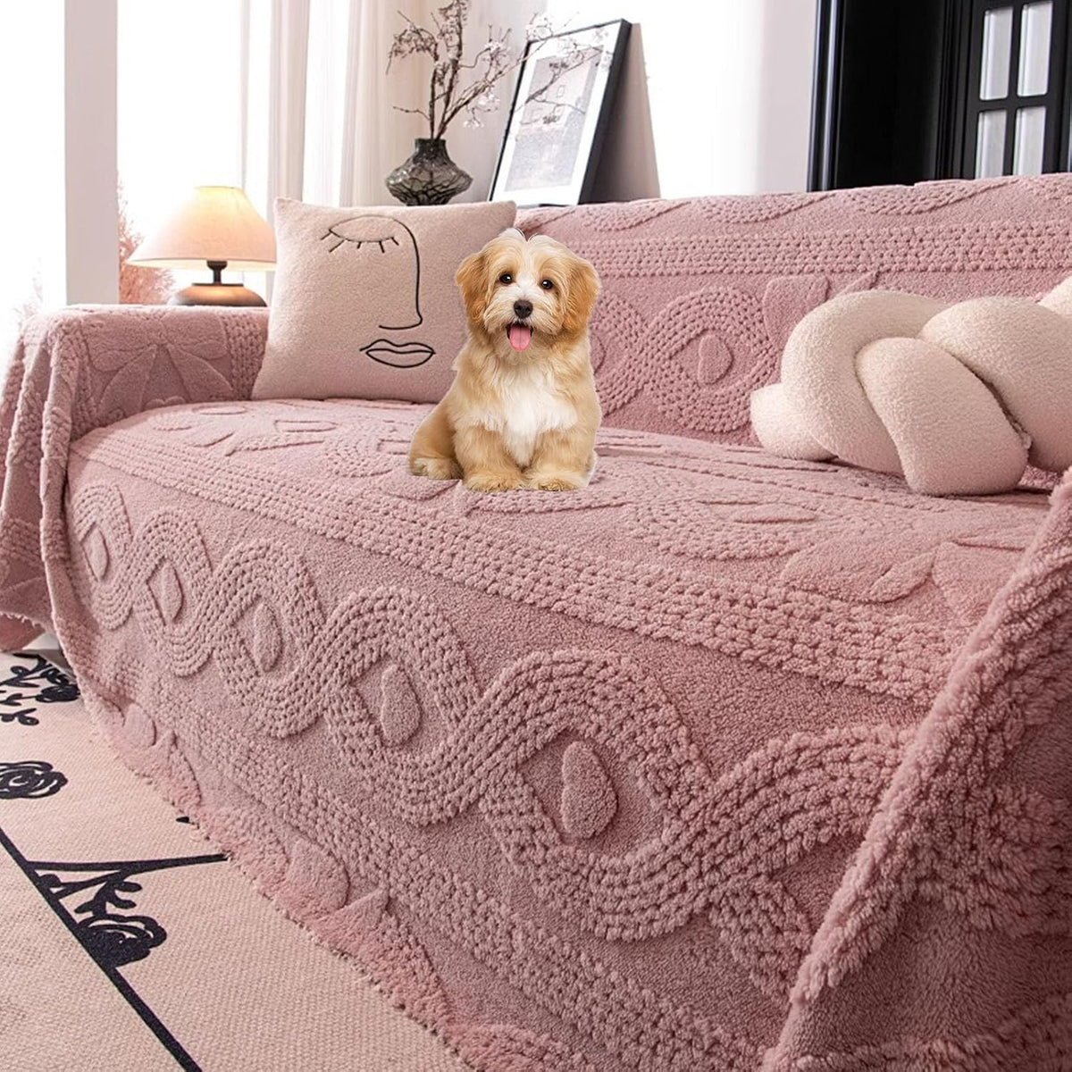 Bowknot Geometric Jacquard Plush Multifunctional Sofa Blanket Couch Cover - Reversible Luxury Throw Blanket,Machine Washable Home Decor for Living Room Bedroom (Pink,180 * 150cm/70.8 * 59.0in)