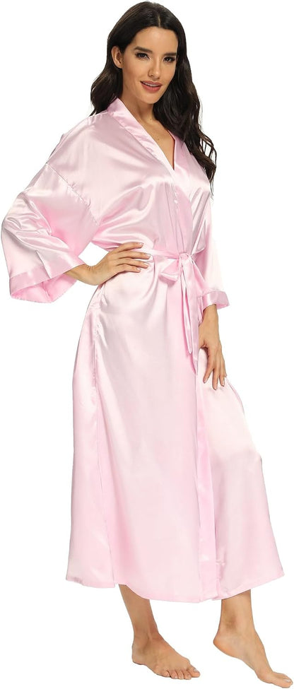 Women's Long Silk Robes Lightweight Long Satin Robes Full Length Sleepwear Dressing Gown