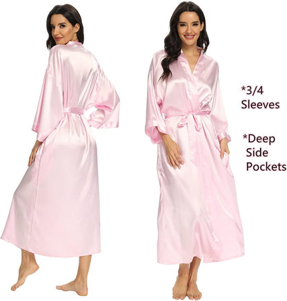 Women's Long Silk Robes Lightweight Long Satin Robes Full Length Sleepwear Dressing Gown