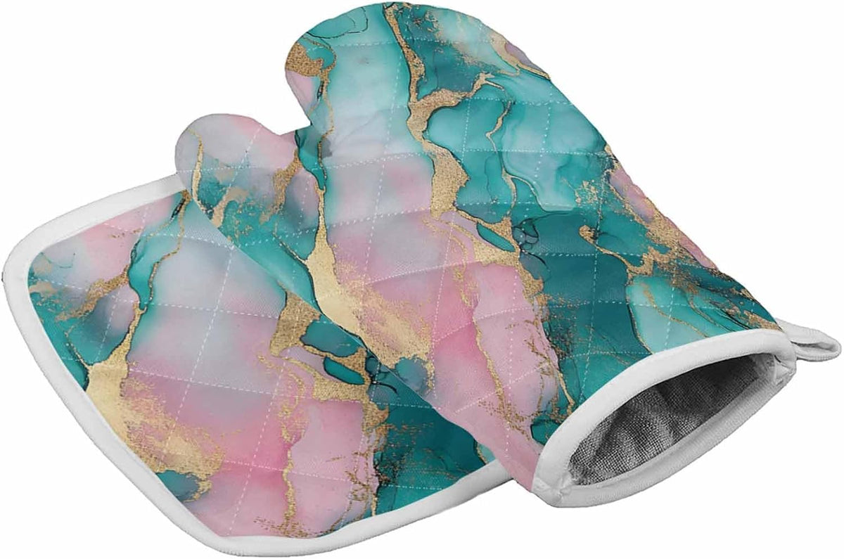 Quilted Cotton Terry Cloth Oven Mitt, Pot Holder Light Pink Green Gold Marble 2-Pack Kitchen Set, Heat insulation, Silicone Grip, Gift Set