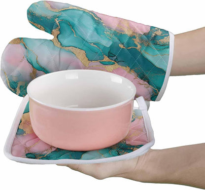 Quilted Cotton Terry Cloth Oven Mitt, Pot Holder Light Pink Green Gold Marble 2-Pack Kitchen Set, Heat insulation, Silicone Grip, Gift Set