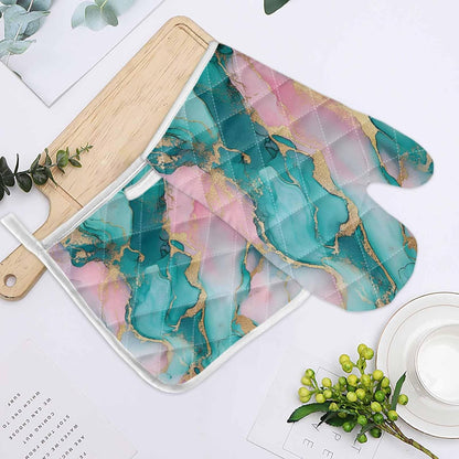 Quilted Cotton Terry Cloth Oven Mitt, Pot Holder Light Pink Green Gold Marble 2-Pack Kitchen Set, Heat insulation, Silicone Grip, Gift Set