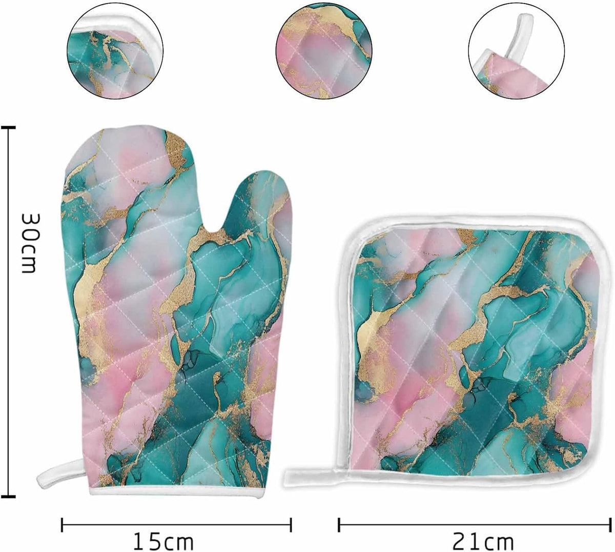 Quilted Cotton Terry Cloth Oven Mitt, Pot Holder Light Pink Green Gold Marble 2-Pack Kitchen Set, Heat insulation, Silicone Grip, Gift Set