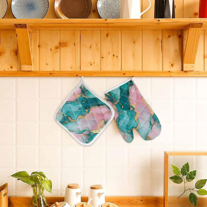 Quilted Cotton Terry Cloth Oven Mitt, Pot Holder Light Pink Green Gold Marble 2-Pack Kitchen Set, Heat insulation, Silicone Grip, Gift Set