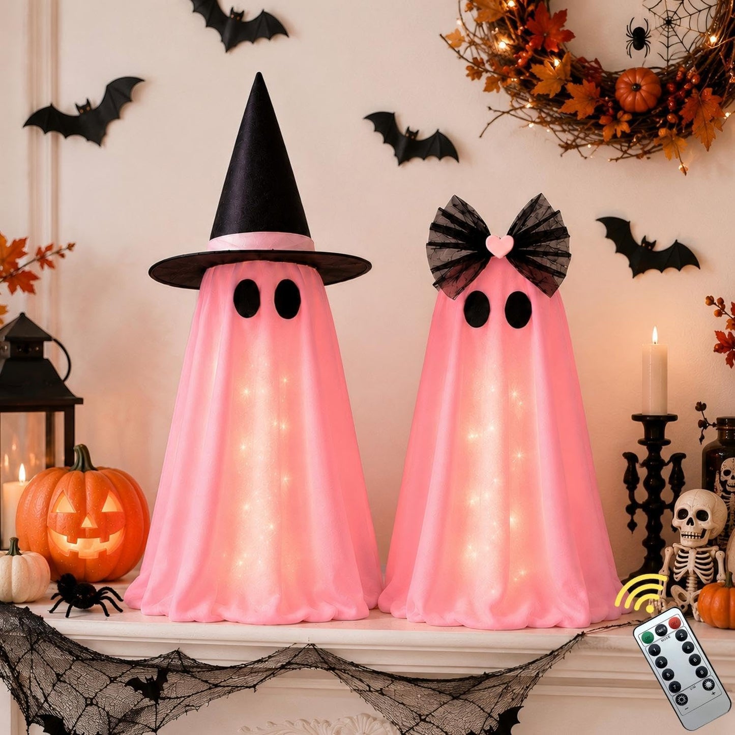 Halloween Ghost Decorations, 2 Pcs Pink Light Up Ghost Decor with Remote