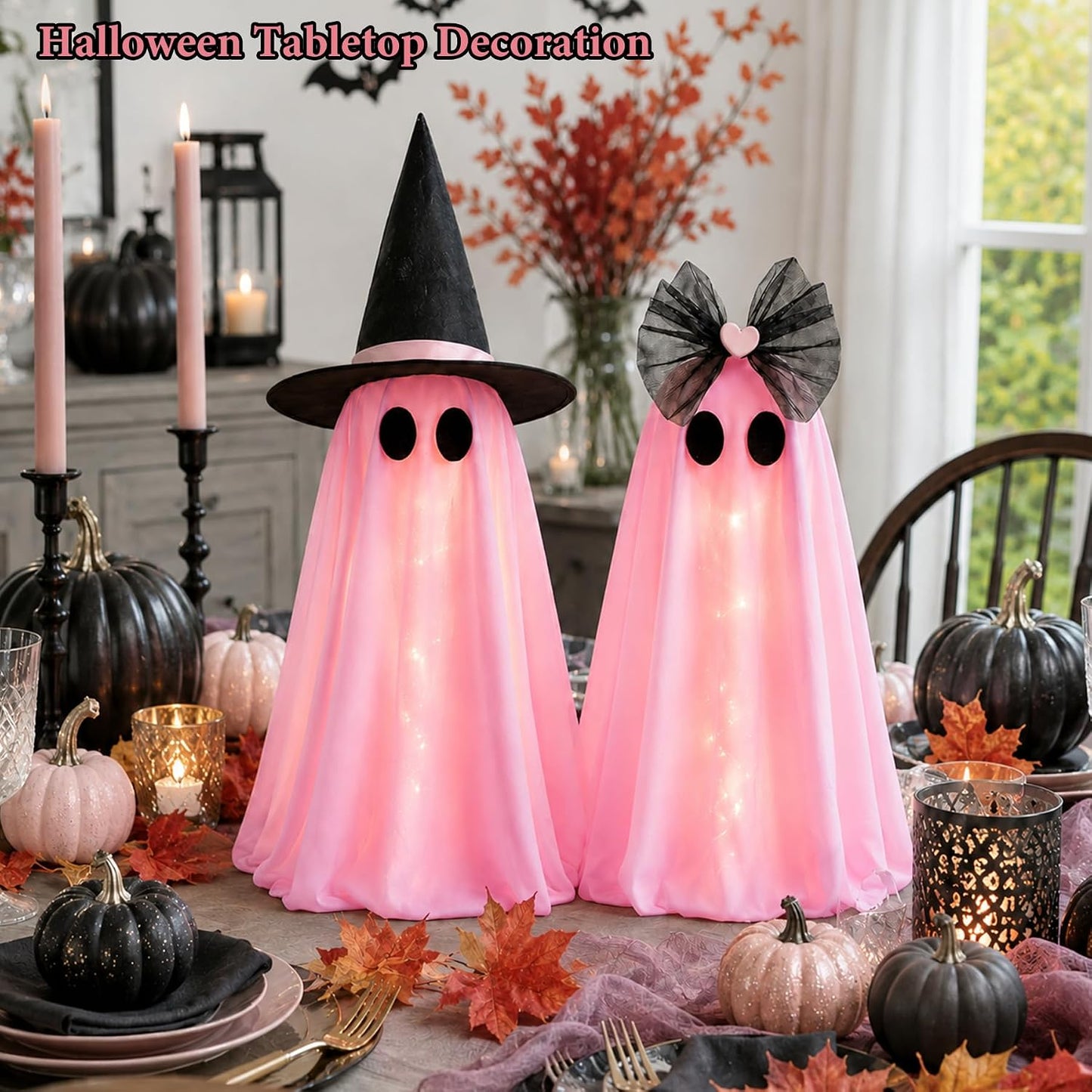 Halloween Ghost Decorations, 2 Pcs Pink Light Up Ghost Decor with Remote
