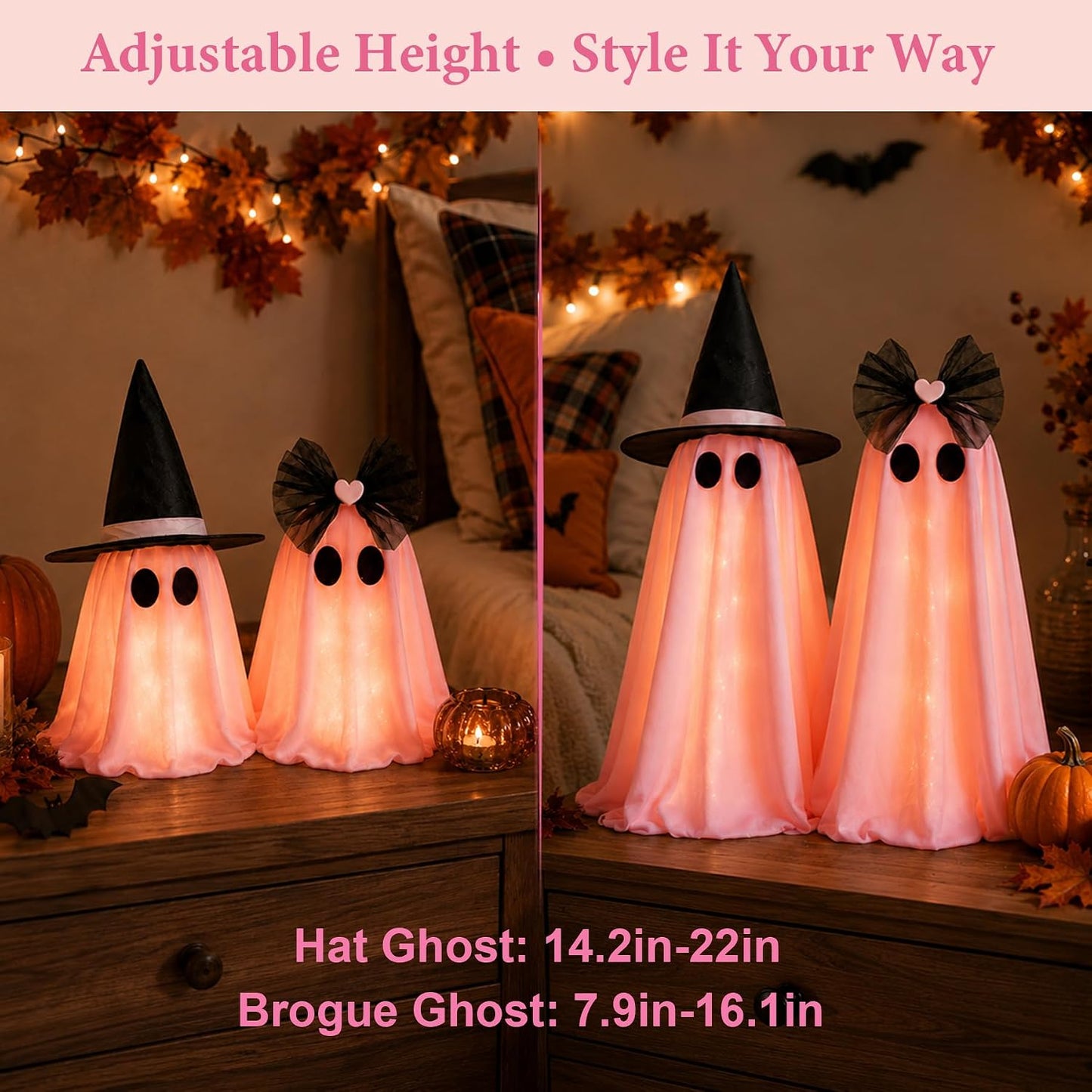 Halloween Ghost Decorations, 2 Pcs Pink Light Up Ghost Decor with Remote