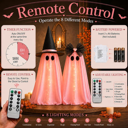 Halloween Ghost Decorations, 2 Pcs Pink Light Up Ghost Decor with Remote