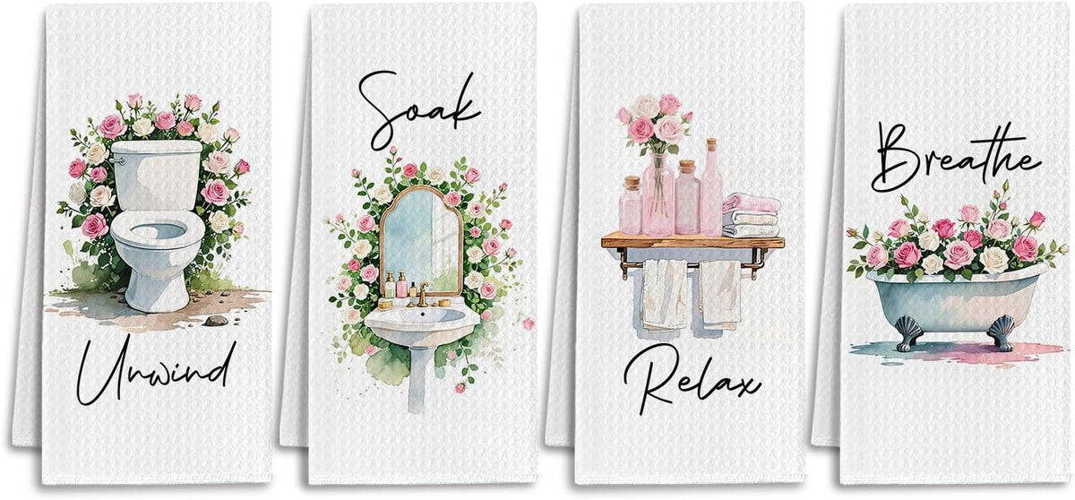 Pink and White Rose Decor Bathroom Hand Towels, Rustic Rose Flower Botanical Breathe Unwind Soak Relax Decorative Hand Towel for Bathroom Washroom Spa Gym, 16x24 Inch Set of 4