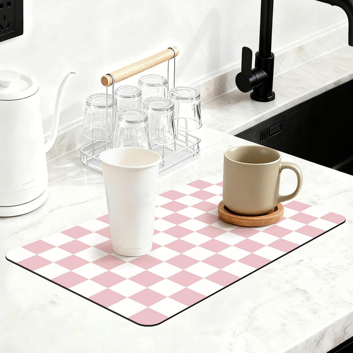 Checkered Dish Mat for Kitchen Coffee Station, 16" x 24" Pink