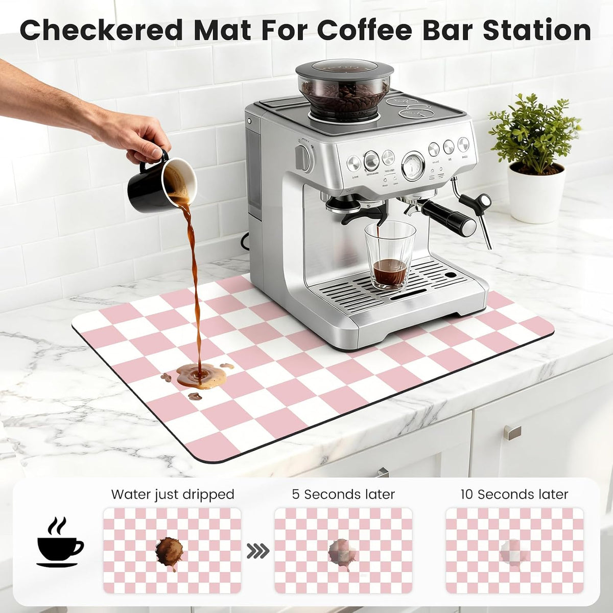 Checkered Dish Mat for Kitchen Coffee Station, 16" x 24" Pink