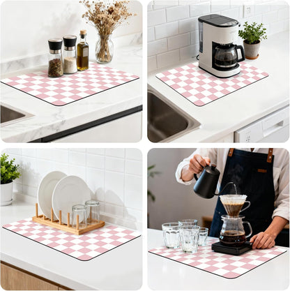 Checkered Dish Mat for Kitchen Coffee Station, 16" x 24" Pink