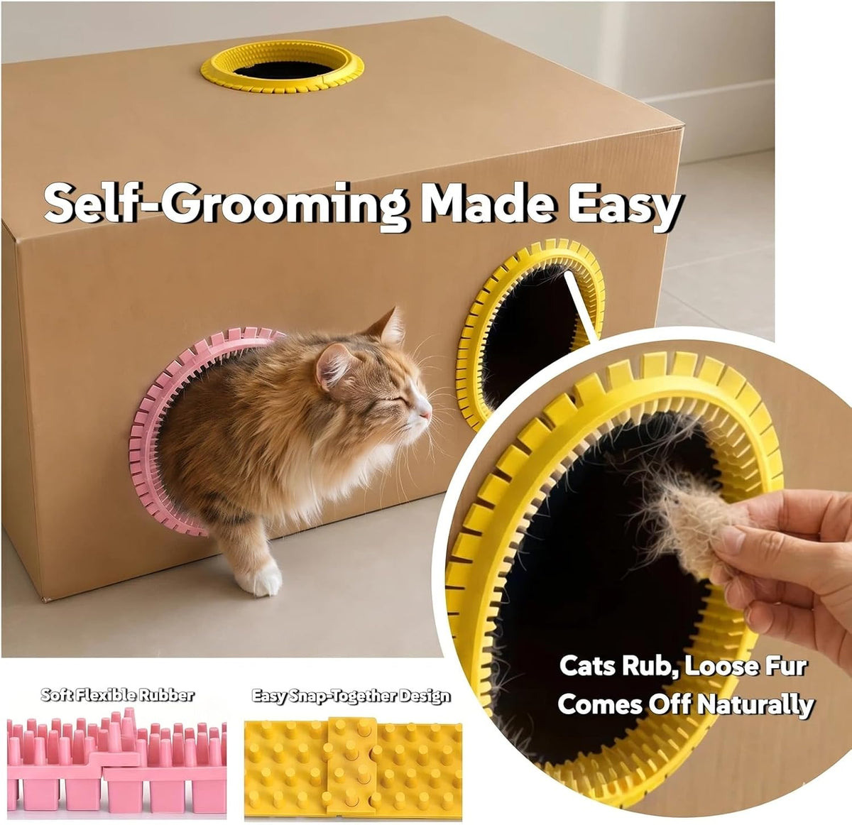 Cat Self Groomer Arch for Cardboard Boxes (Pink+Yellow | Start Kit)