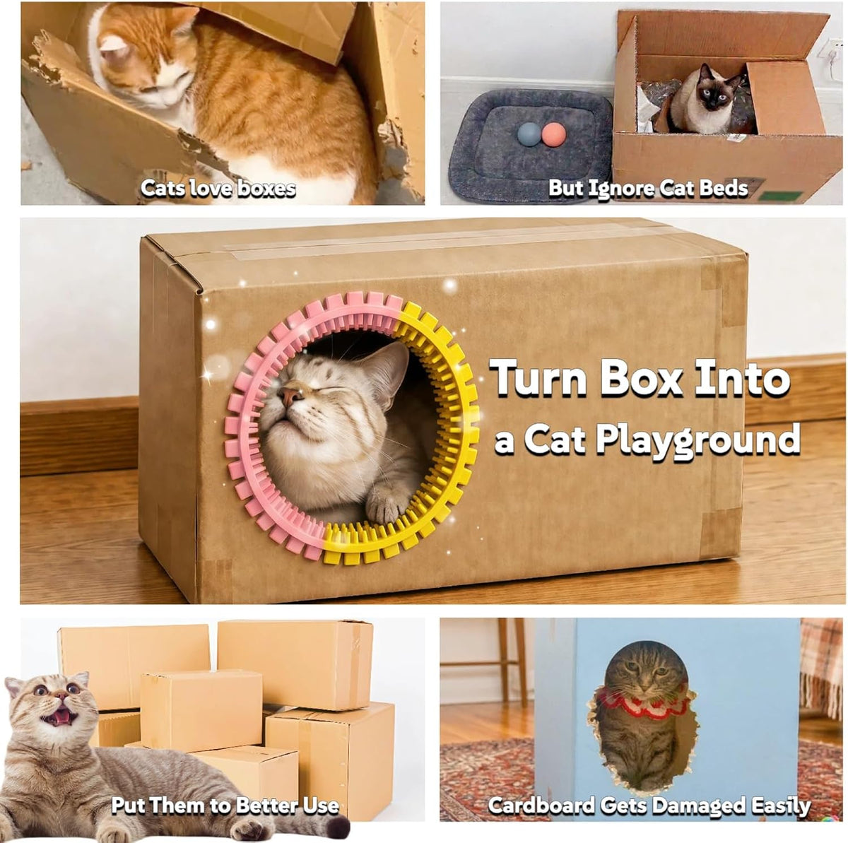 Cat Self Groomer Arch for Cardboard Boxes (Pink+Yellow | Start Kit)
