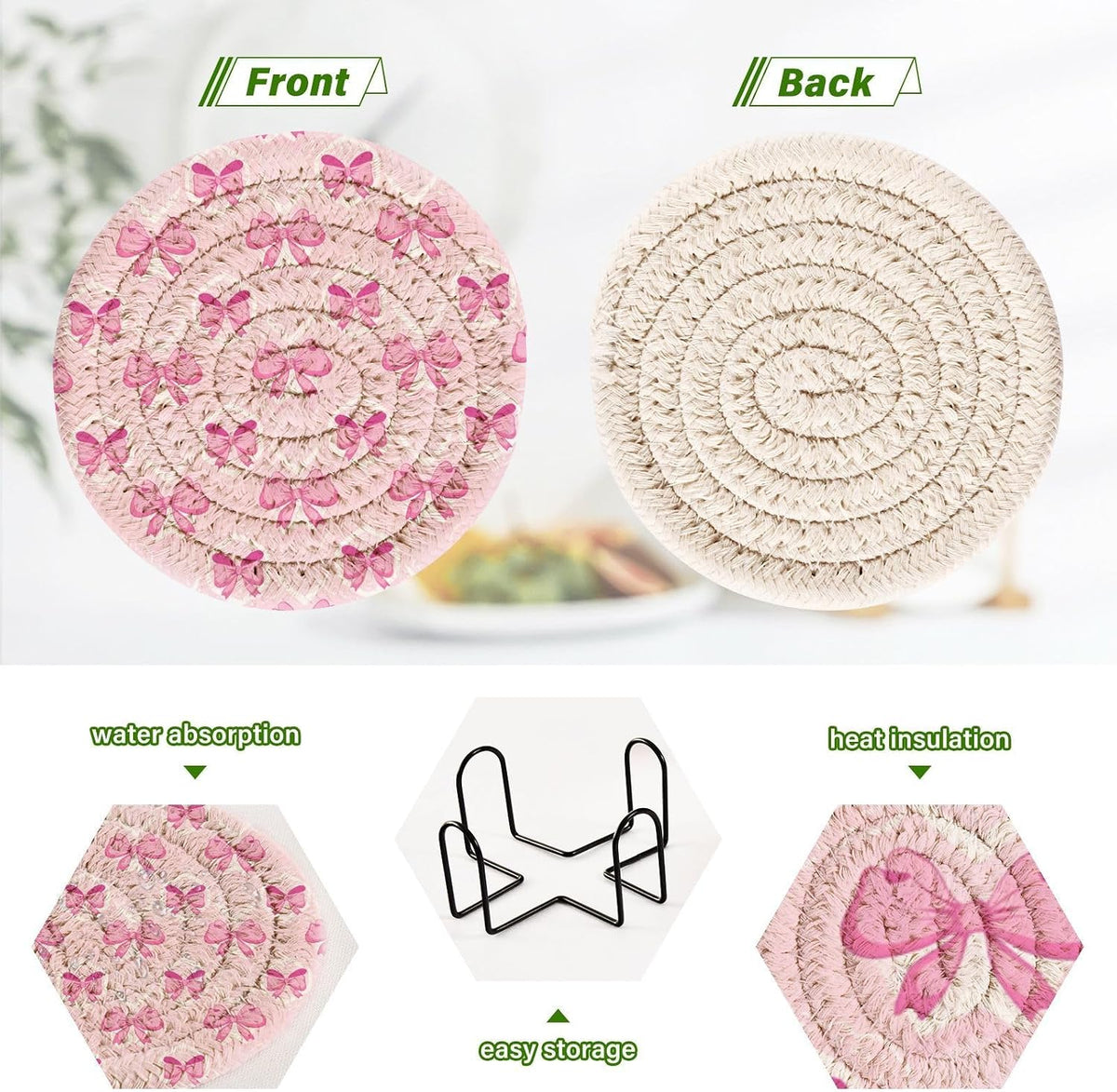 Coasters for Drinks 6 Pcs, Absorbent Drink Coasters with Holder, Light Pink Bows Coasters for Home Decor Tabletop Protection Suitable for Kinds of Cups