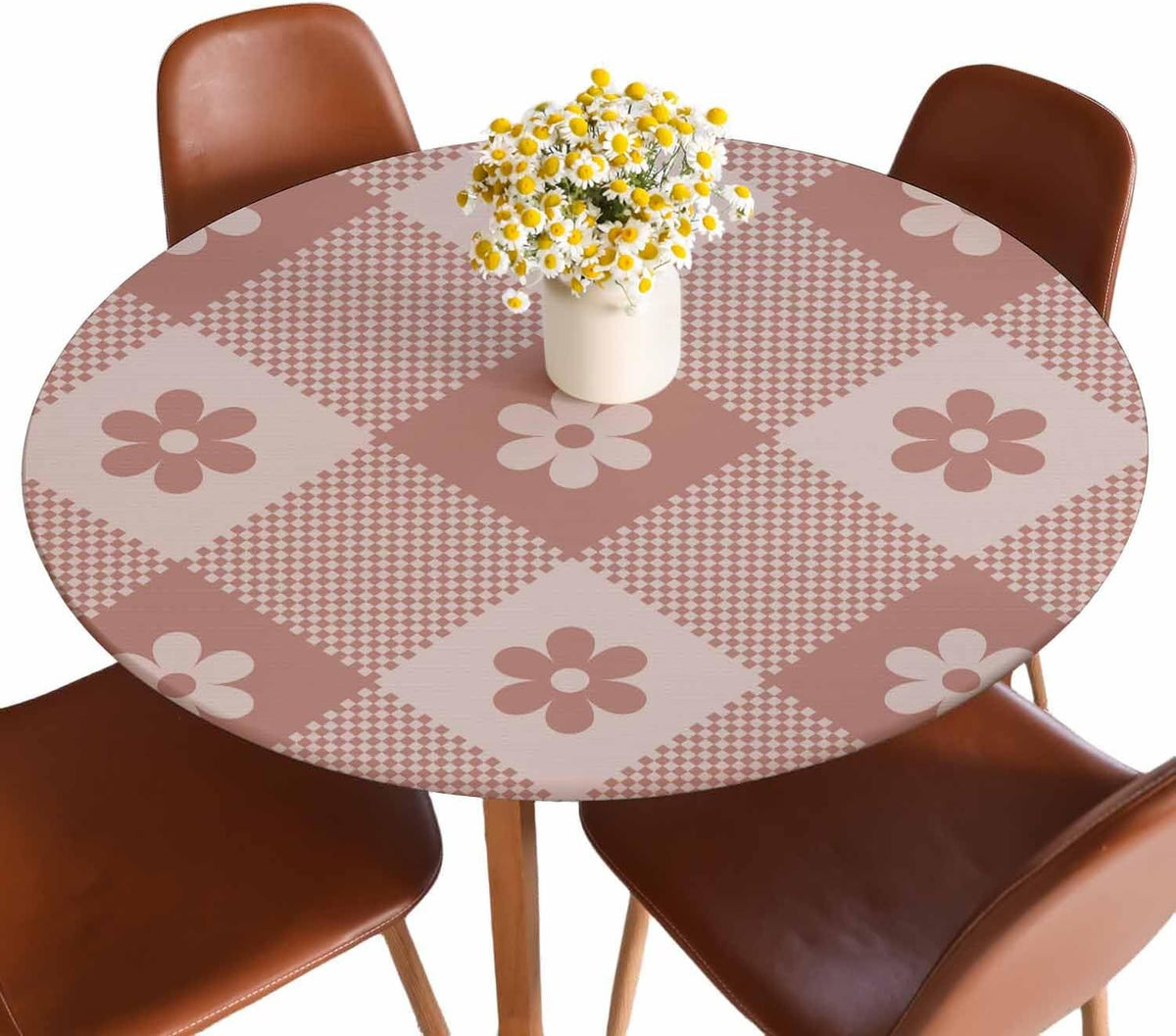 Floral Buffalo Round Fitted Tablecloth Plaid Pixel Pattern Retro Pink Diagonal Stripes Elastic Edge Tablecloth Waterproof Oilcloth Table Cover for 40"-44"