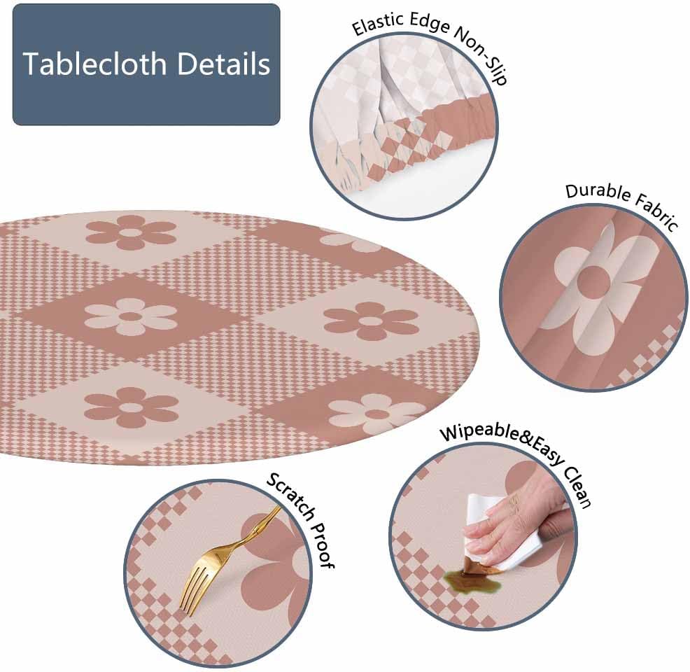 Floral Buffalo Round Fitted Tablecloth Plaid Pixel Pattern Retro Pink Diagonal Stripes Elastic Edge Tablecloth Waterproof Oilcloth Table Cover for 40"-44"