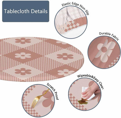 Floral Buffalo Round Fitted Tablecloth Plaid Pixel Pattern Retro Pink Diagonal Stripes Elastic Edge Tablecloth Waterproof Oilcloth Table Cover for 40"-44"