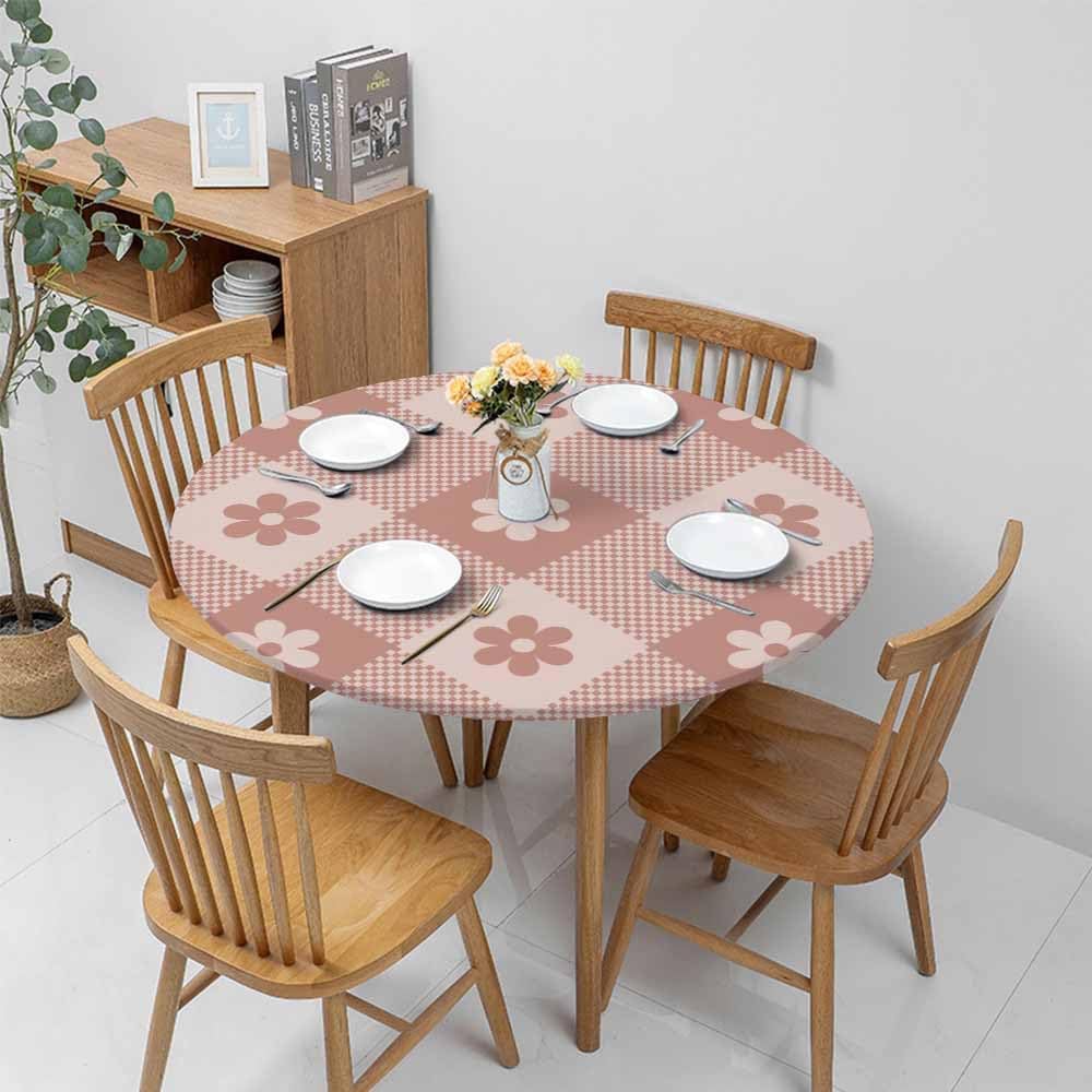 Floral Buffalo Round Fitted Tablecloth Plaid Pixel Pattern Retro Pink Diagonal Stripes Elastic Edge Tablecloth Waterproof Oilcloth Table Cover for 40"-44"