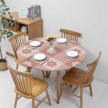 Floral Buffalo Round Fitted Tablecloth Plaid Pixel Pattern Retro Pink Diagonal Stripes Elastic Edge Tablecloth Waterproof Oilcloth Table Cover for 40"-44"