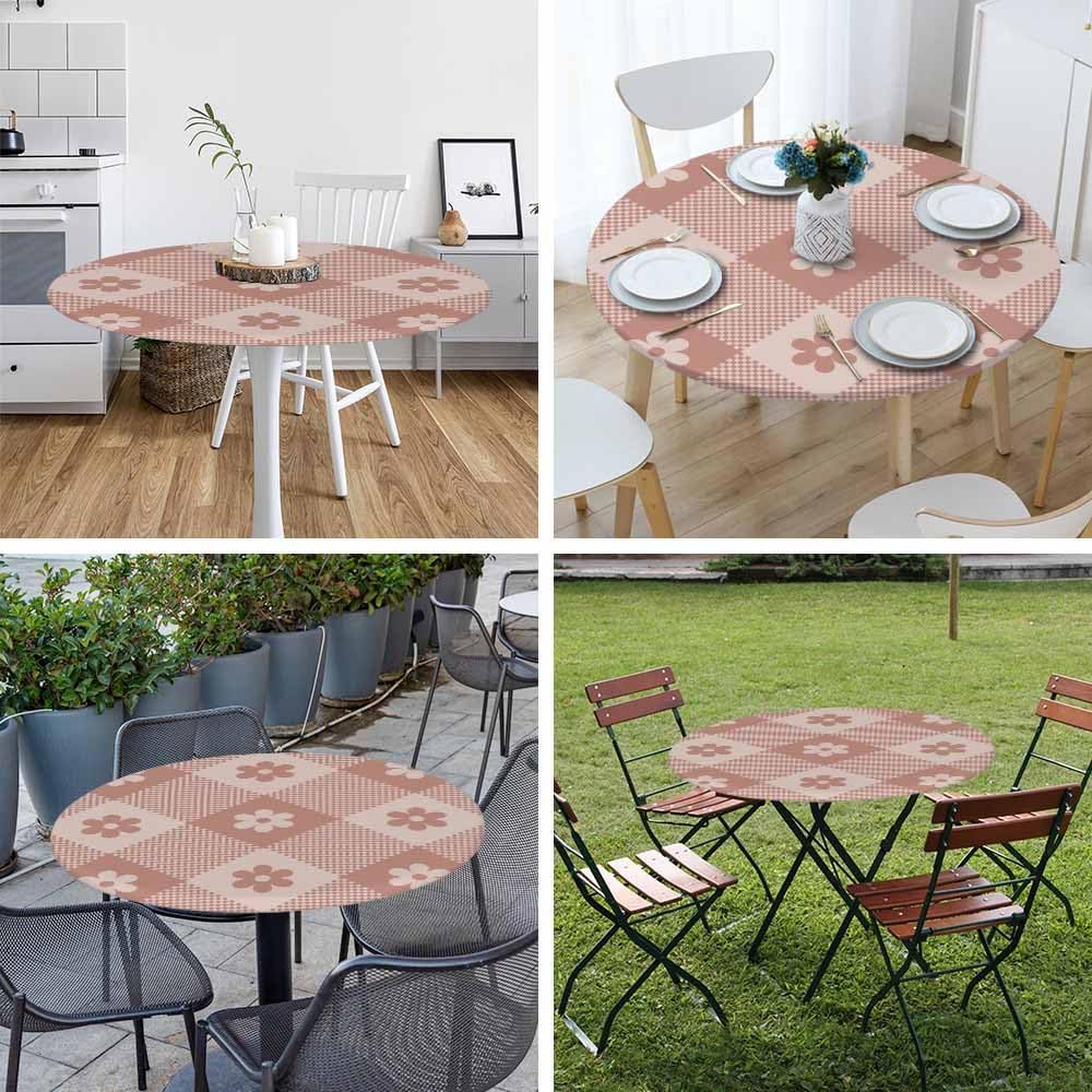 Floral Buffalo Round Fitted Tablecloth Plaid Pixel Pattern Retro Pink Diagonal Stripes Elastic Edge Tablecloth Waterproof Oilcloth Table Cover for 40"-44"