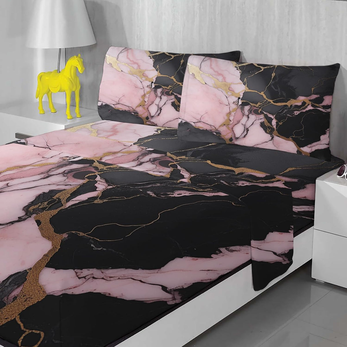 Pink Black Gold Sheets Full Size for Bedroom Decor, Marble Bed Sheets, Soft Breathable Winkle Free Microfiber & Deep Pocket Patterned Bedding Sheets & Pillowcases 4 Piece