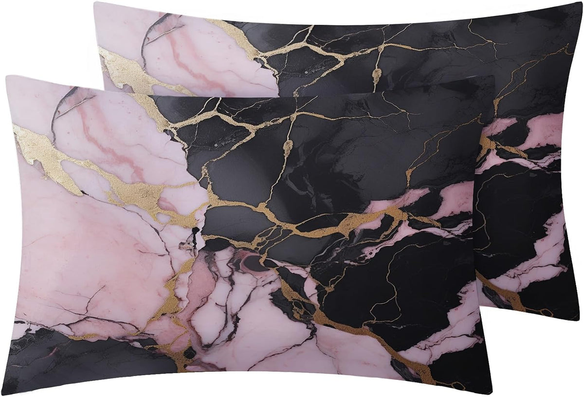 Pink Black Gold Sheets Full Size for Bedroom Decor, Marble Bed Sheets, Soft Breathable Winkle Free Microfiber & Deep Pocket Patterned Bedding Sheets & Pillowcases 4 Piece