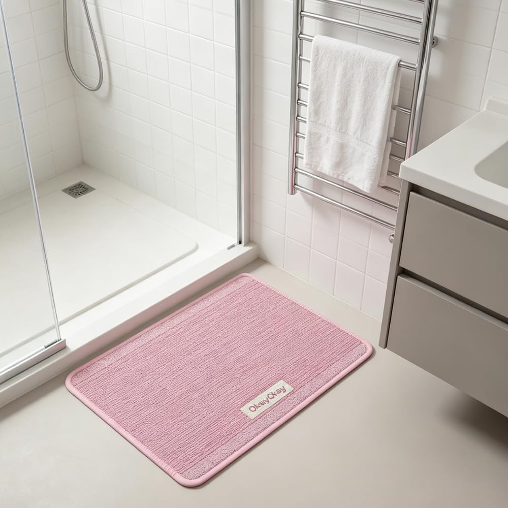 Modern Minimalist Stripe Home Carpet,Super Absorbent Bath Mat 24"x36" Quick Dry Bathroom Rug Non-Slip Low Profile Floor Door Mat for Shower Tub Sink and Entryway (Soft Memory Pink)