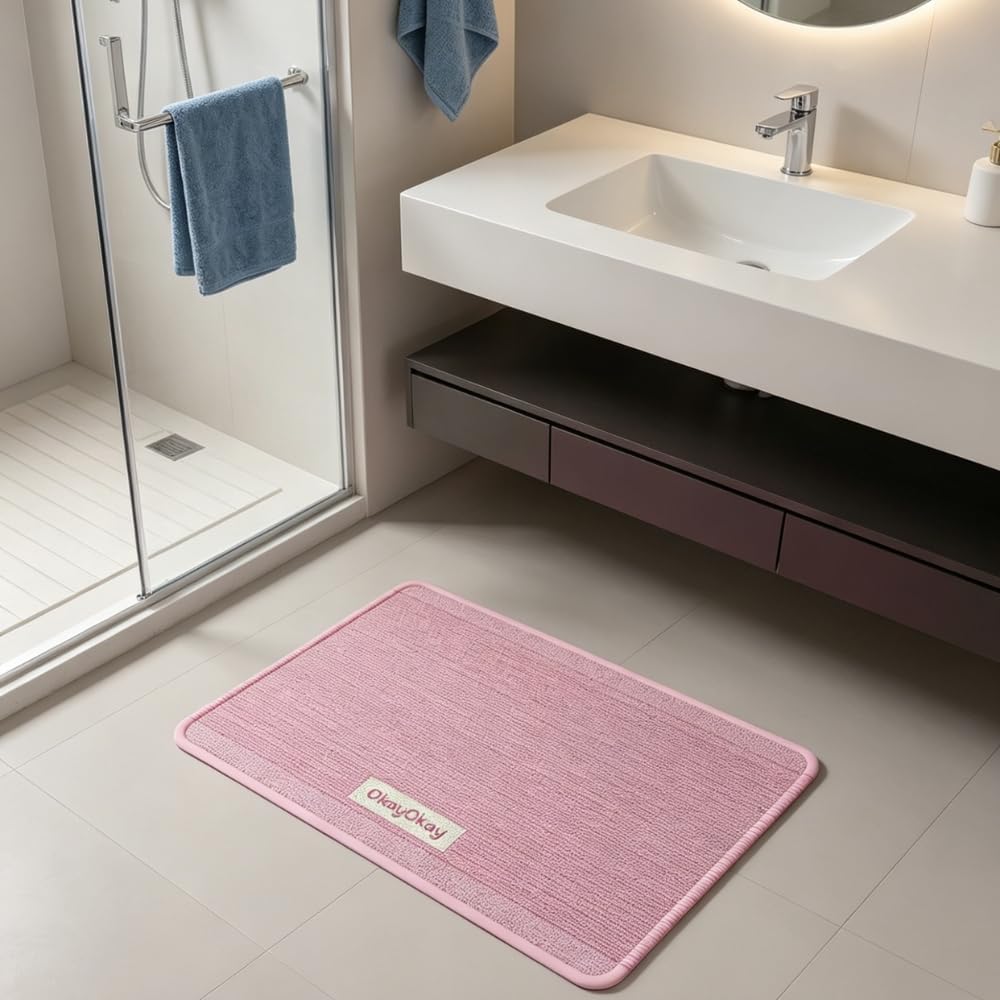 Modern Minimalist Stripe Home Carpet,Super Absorbent Bath Mat 24"x36" Quick Dry Bathroom Rug Non-Slip Low Profile Floor Door Mat for Shower Tub Sink and Entryway (Soft Memory Pink)