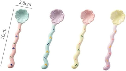 (4 Pieces) Cute Ceramic Long Handle Spoon Household Dessert Stirring Coffee Ice Cream (Pink)