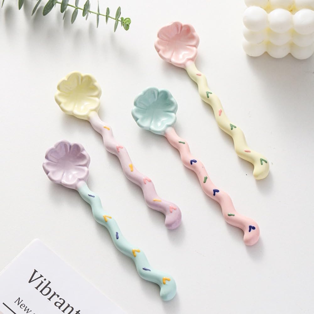 (4 Pieces) Cute Ceramic Long Handle Spoon Household Dessert Stirring Coffee Ice Cream (Pink)